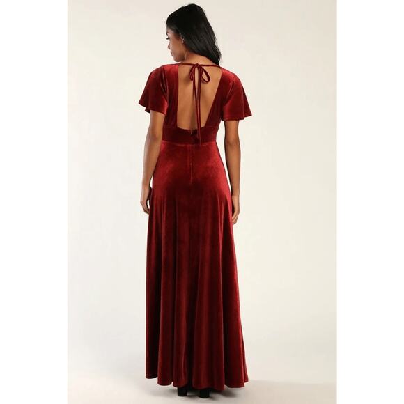NWT Lulus Stunning Days Red Velvet Flutter Sleeve Maxi Dress Sz XS - Picture 2 of 10